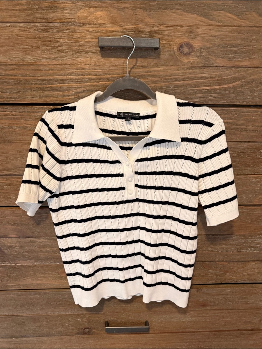 Adrianna Papell Striped Knit Polo Top - White & Black